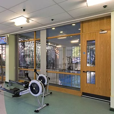 View of the pool from the gym